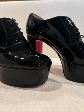 Christian Louboutin Black Patent Platform Lace-Up Pumps with Red Soles